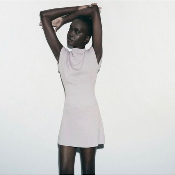 Zara Defined Waist Structured Cap Sleeve Knit Sweater Mini Dress in Light Grey M - Picture 1 of 6